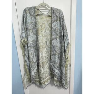 Anthropologie Kimono Duster One Size Blue Gold Tapestry Fringe Boho Cottage Core